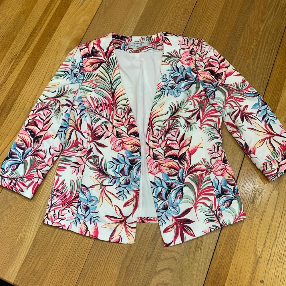 Tahari Arthur Levine Petite Tropical Floral Blazer Jacket White Pink Womens 8